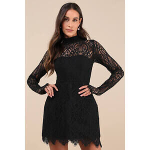 Lulus Gorgeous Attraction Black Lace Structured Long Sleeve Mini Dress - Size XL
